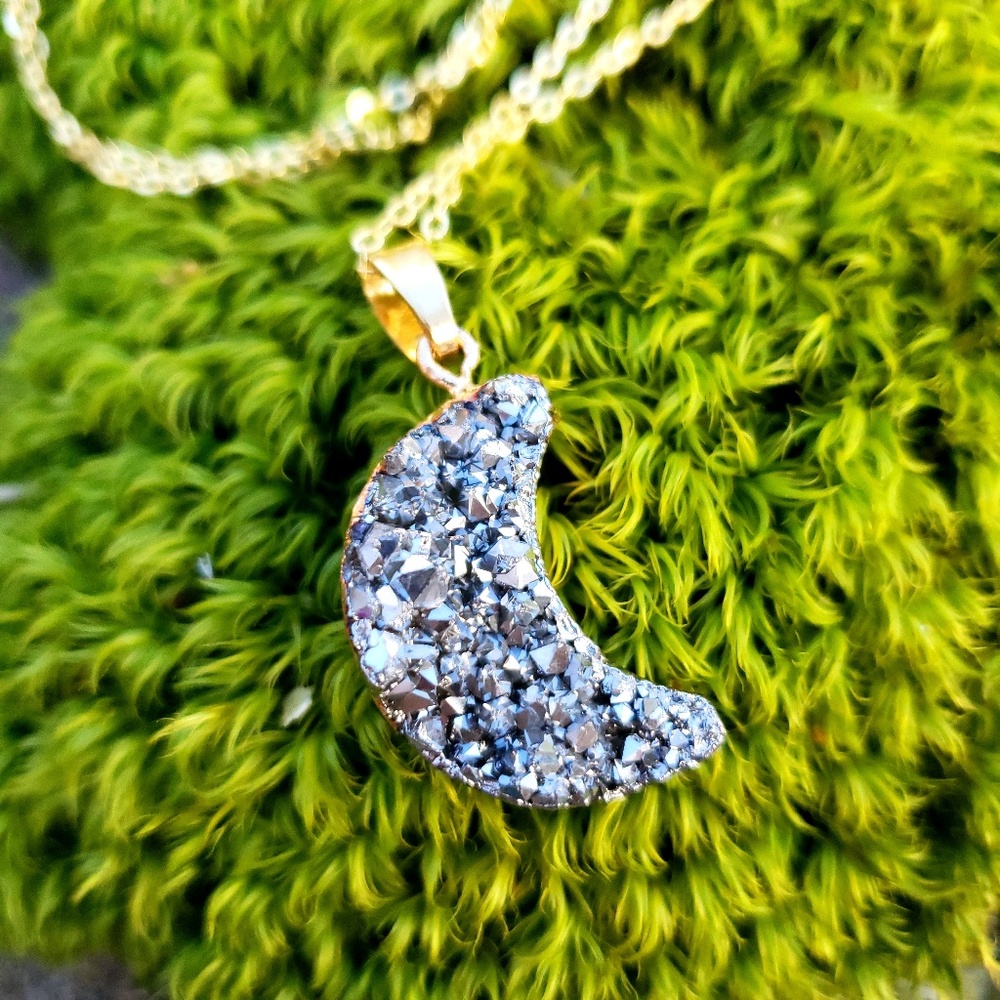Celestial Crescent Moon Silver Druzy Necklace - image 4